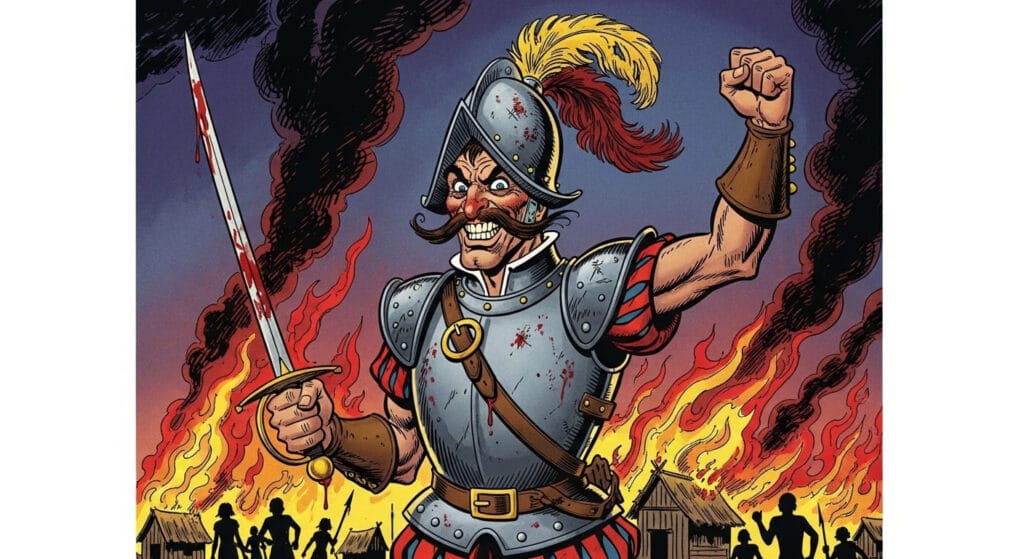 Caricatura de un conquistador español representando la Leyenda Negra, un caso de propaganda y fake news históricas