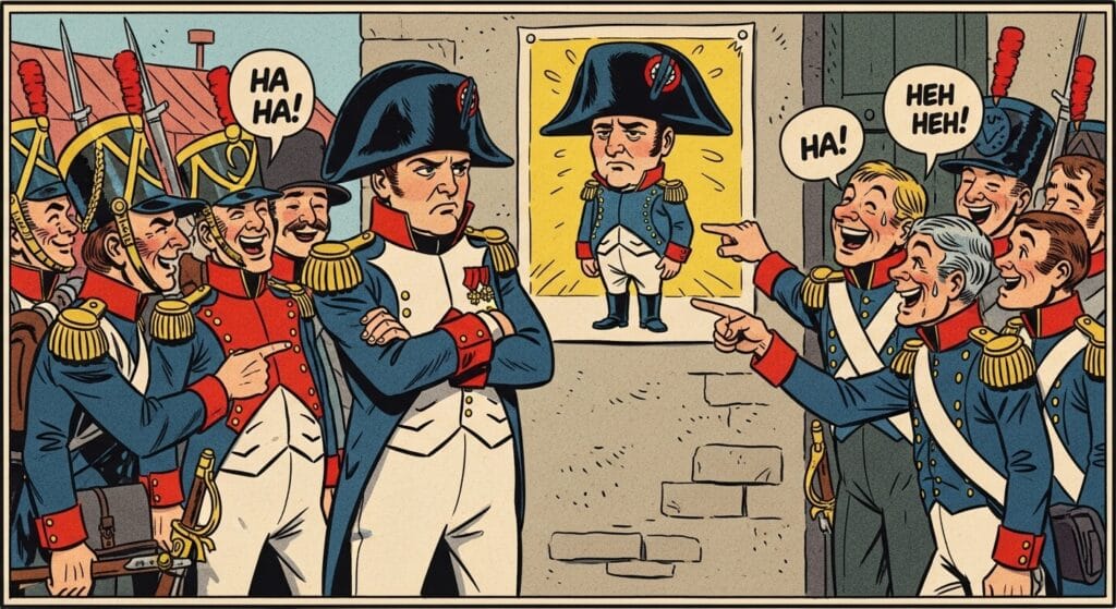 Napoleón Bonaparte junto a una caricatura que lo muestra muy bajo, ilustrando la fake news histórica sobre su estatura.