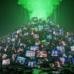 Pila de pantallas que muestran mensajes políticos amontonadas como si fueran un montón de basura