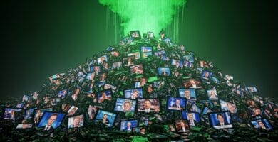 Pila de pantallas que muestran mensajes políticos amontonadas como si fueran un montón de basura