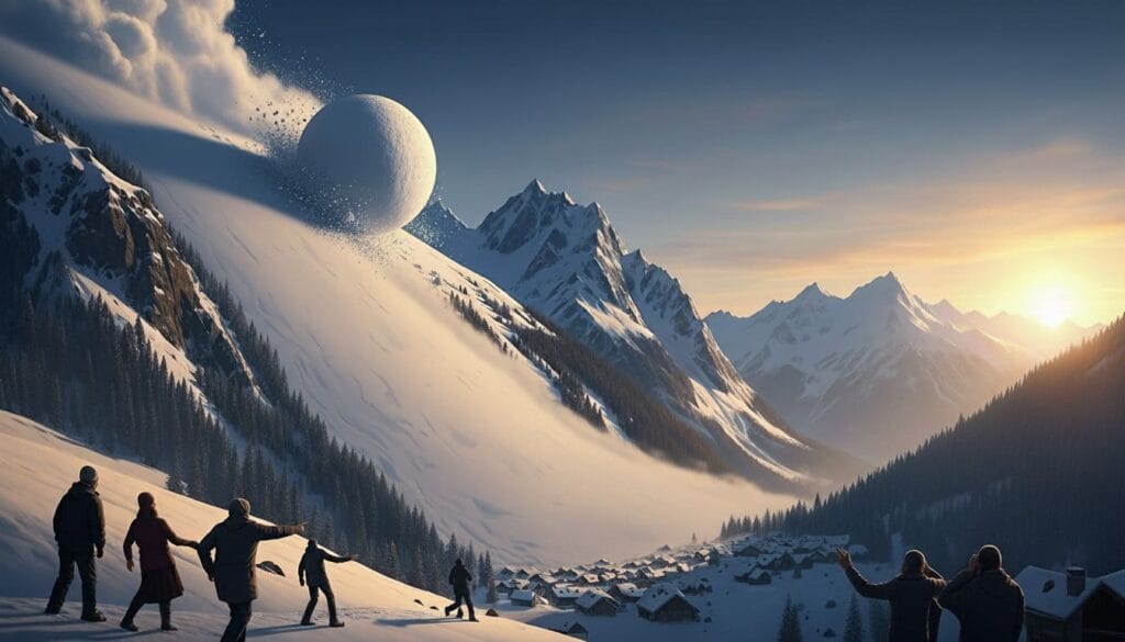 Una pequeña bola de nieve convirtiéndose en una avalancha gigante hacia un pueblo, ejemplo de falacia lógica de pendiente resbaladiza.