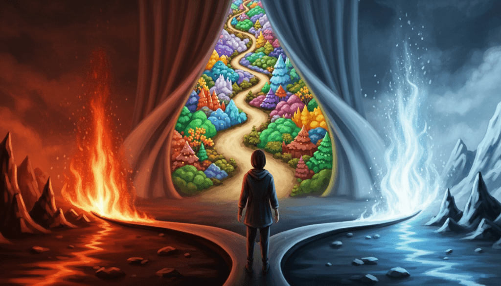 Persona frente a una bifurcación con fuego, hielo y un camino colorido, ilustración de falacias lógicas de falso dilema.