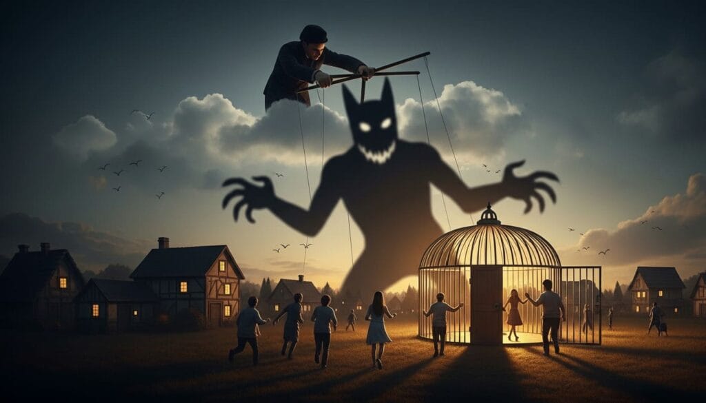 Sombras chinescas donde un titiritero crea un monstruo para asustar a la gente, representando la falacia del miedo