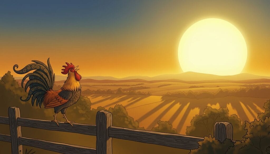 Gallo cantando al amanecer frente a un sol gigante, ilustración de falacias lógicas de falsa causalidad.