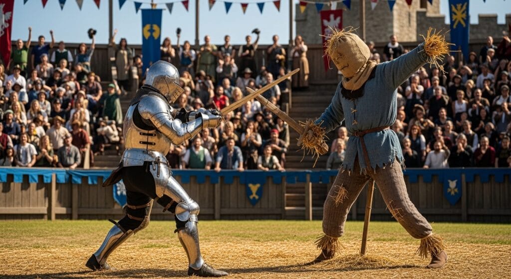 Caballero con armadura luchando contra un espantapájaros en una arena, representación visual de la falacia del hombre de paja.