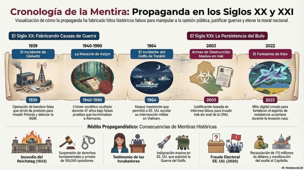 Infografía que muestra la cronología de las principales mentiras históricas de los dos últimos siglos
