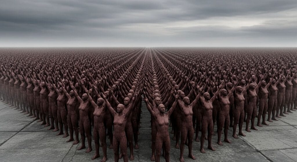 Multitud infinita de figuras idénticas con los brazos en alto, unanimidad propaganda
