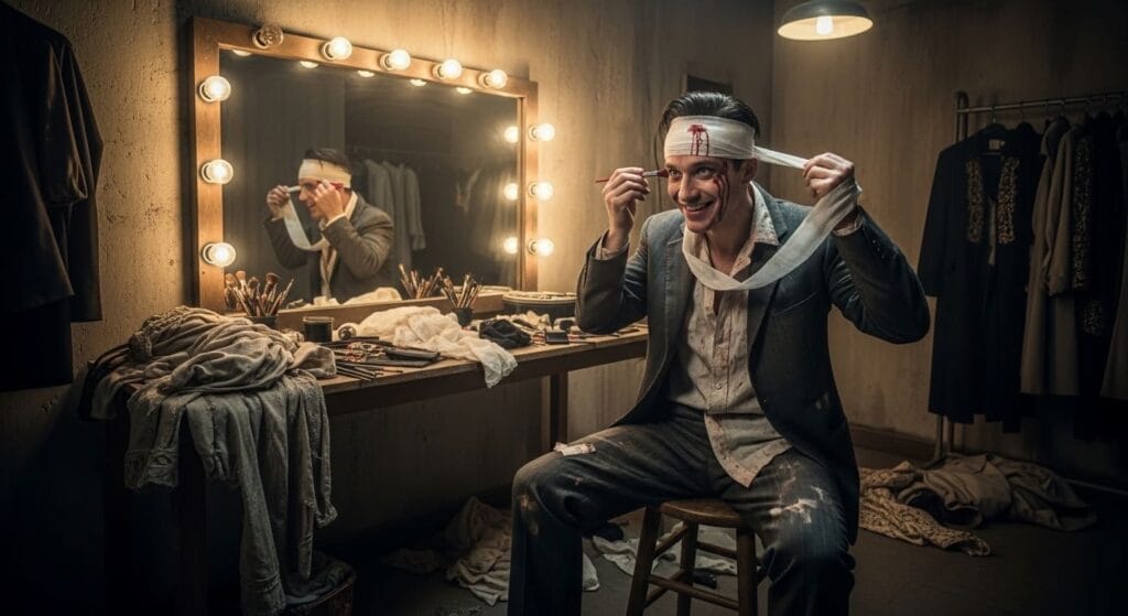 ombre en un camerino frente a un espejo aplicándose sangre falsa y vendajes mientras sonríe, representando la creación de propaganda de atrocidades.