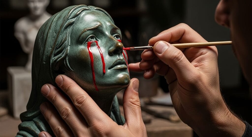 Manos pintando lágrimas de color rojo brillante sobre el rostro de una escultura de bronce con expresión de dolor.