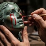 Manos pintando lágrimas de color rojo brillante sobre el rostro de una escultura de bronce con expresión de dolor.