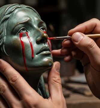 Manos pintando lágrimas de color rojo brillante sobre el rostro de una escultura de bronce con expresión de dolor.