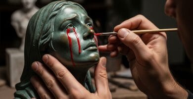 Manos pintando lágrimas de color rojo brillante sobre el rostro de una escultura de bronce con expresión de dolor.