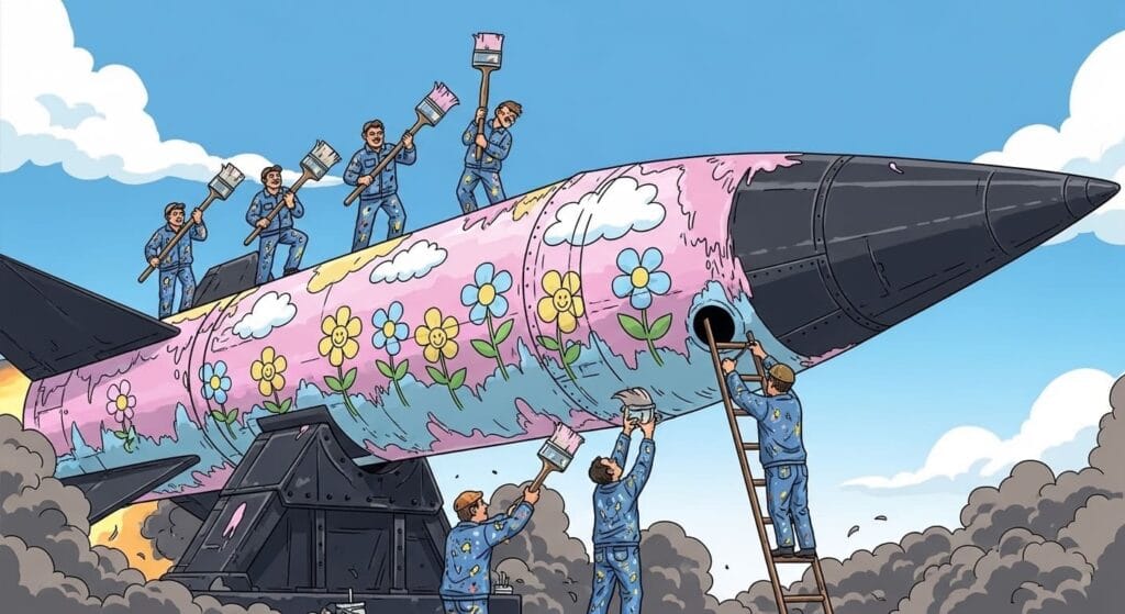 Pintores decorando un misil con flores, metáfora de la manipulación del lenguaje.