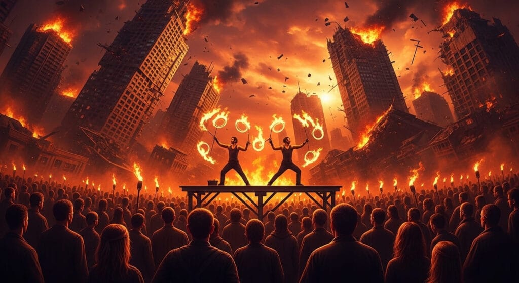 Artistas de fuego ante una ciudad en llamas.