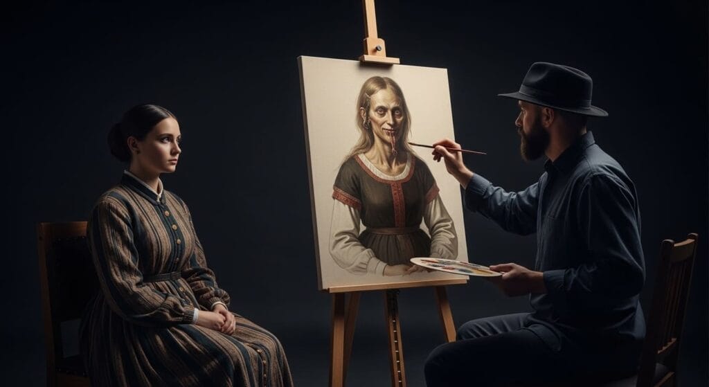 Metáfora visual de la deshumanización de Goebbels: un pintor retratando a una mujer como un monstruo.