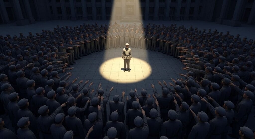 Ilustración del principio de simplificación de Goebbels con una multitud señalando a un solo individuo.