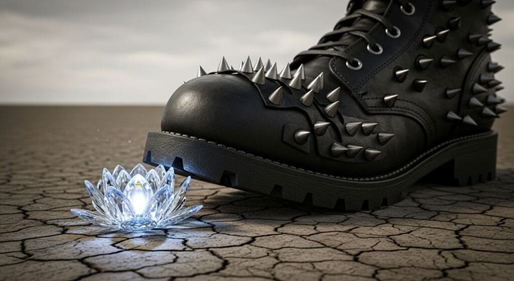 Una bota militar negra con púas a punto de aplastar una delicada flor de loto de cristal sobre un suelo árido y agrietado.