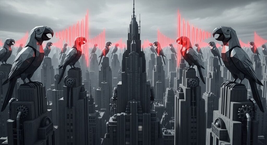 Loros mecánicos sobre rascacielos representando la repetición de mensajes en propaganda.
