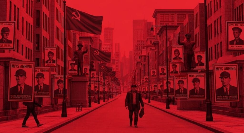 Calle urbana saturada de carteles de propaganda política bajo un filtro rojo