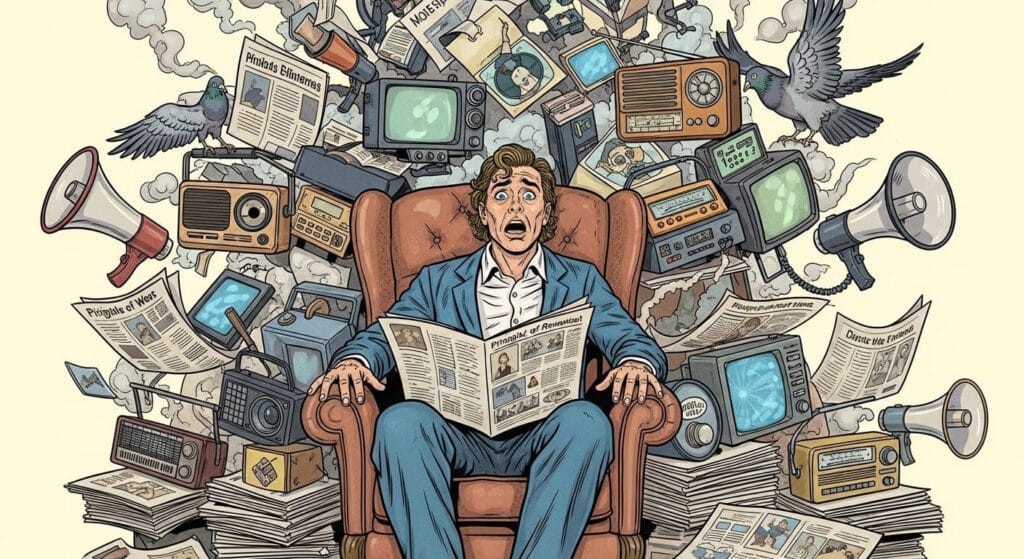 Caricatura de un hombre abrumado por el exceso de información y noticias.