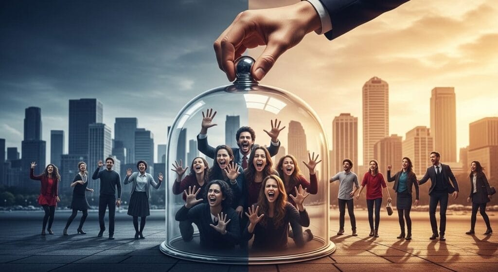 Mano gigante cubriendo a personas con una campana de cristal, principio de silenciamiento.