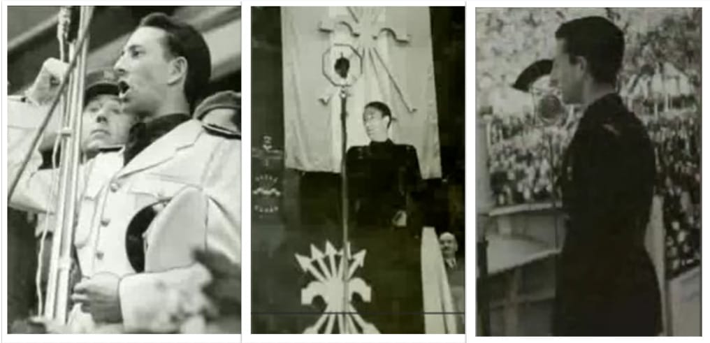 Collage de tres fotos de Dionisio Ridruejo dando discursos