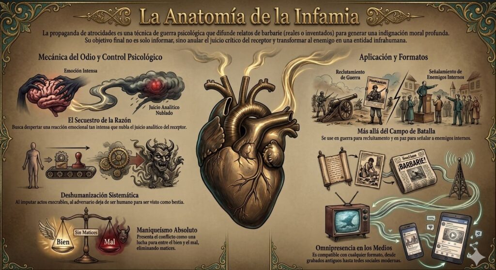 Infografía detallada en español que analiza los mecanismos psicológicos de la propaganda de atrocidades, incluyendo deshumanización y control del odio.