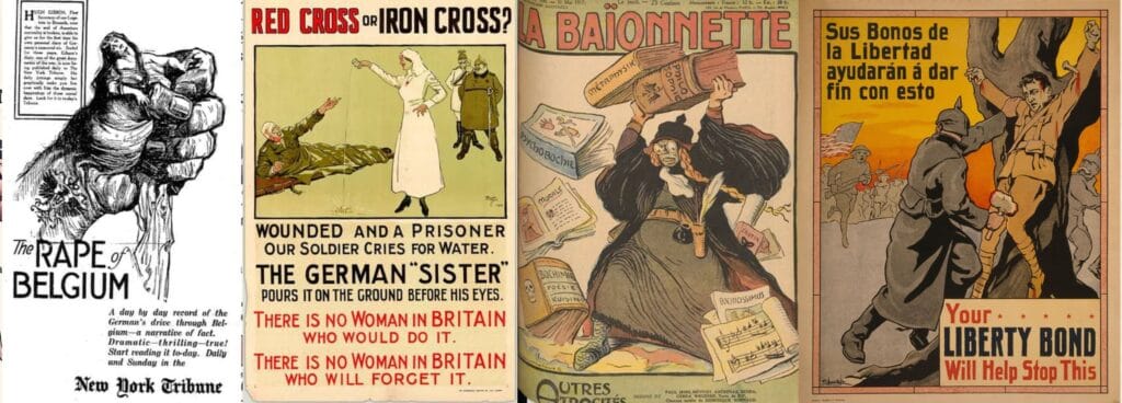 Mosaico de cuatro carteles de la IGM con propaganda de atrocidades anti-alemana