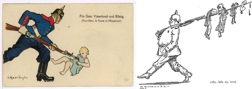 Dos ilustraciones de soldados alemanes de la IGM ensartando bebés con la bayoneta