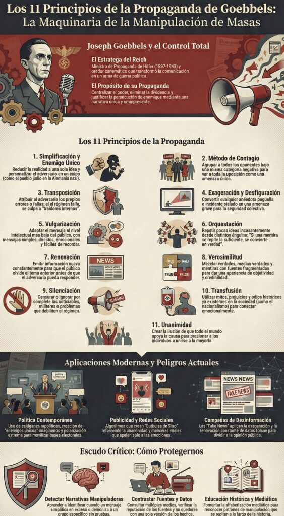Infografía sobre los 11 principios de Goebbels sistematizados por Domenach
