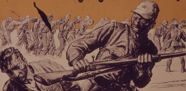 Cartel de propaganda que muestra a un soldado maltratando a un prisionero con una fila de cautivos al fondo, enfatizando la crueldad del enemigo.