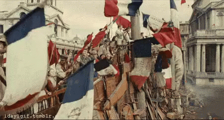 El pueblo llano  congregado en la calle ondea banderas de Francia con entusiasmo