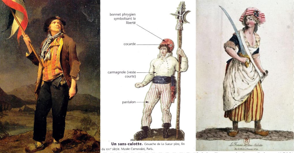 Collage de figuras sans-culotte con pantalón largo, gorro frigio rojo y pica, representando a la clase popular revolucionaria francesa.