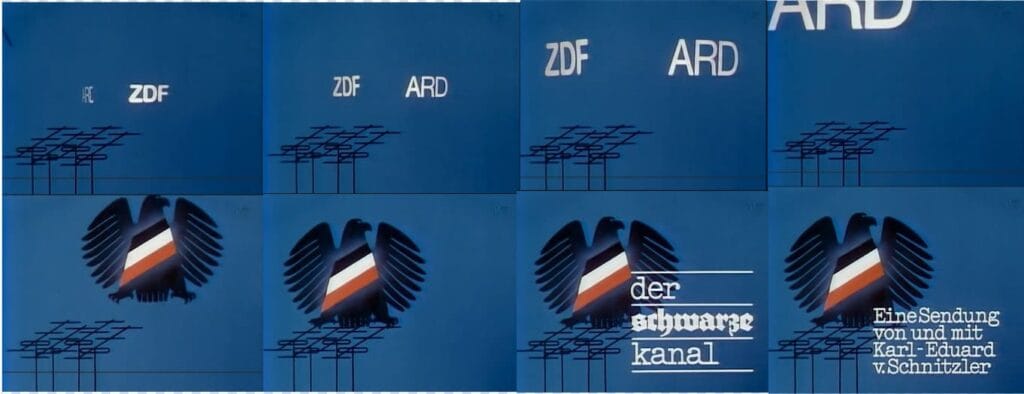 Animación de la cabecera de Der Schwarze Kanal mostrando logotipos de ARD y ZDF siendo devorados por el águila federal alemana modificada.