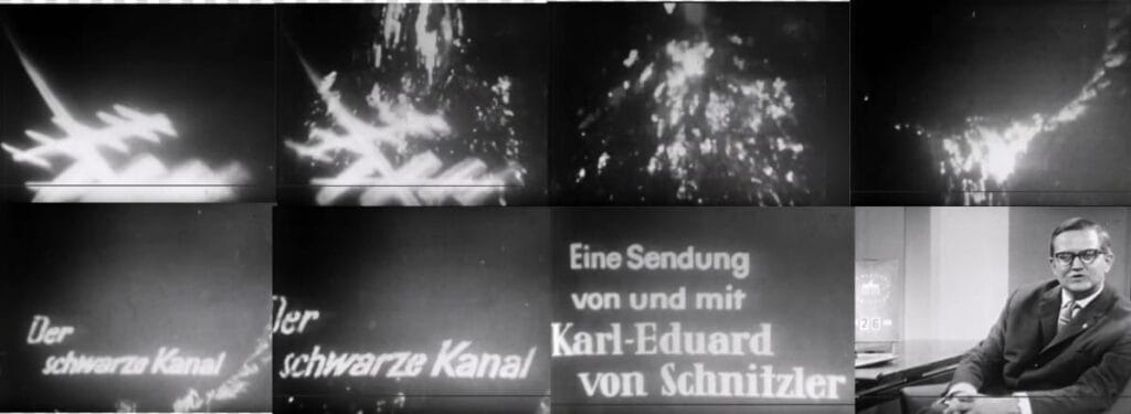 Secuencia en blanco y negro que muestra una antena de televisión explotando y transformándose en el título Der Schwarze Kanal.