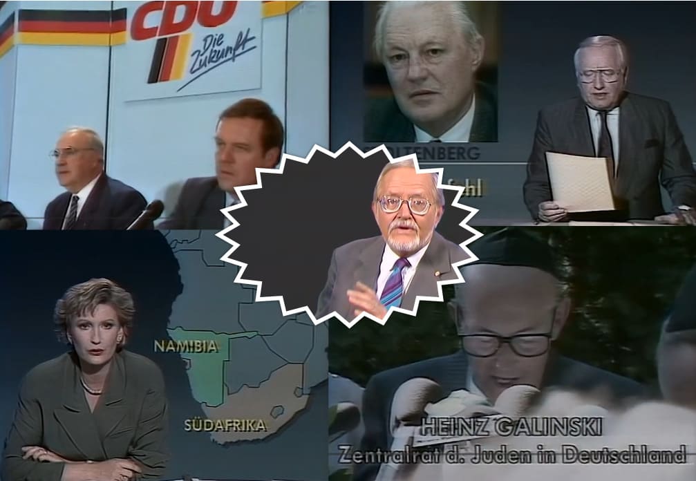 Imagen compuesta con Karl-Eduard von Schnitzler en el centro rodeado de recortes de telediarios sobre la CDU y problemas sociales de la RFA.