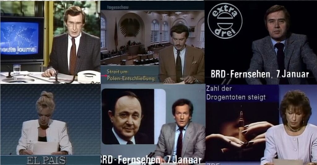 Seis fotogramas de informativos de la RFA como Tagesschau y Heute Journal con subtítulos agregados sobre problemáticas sociales.