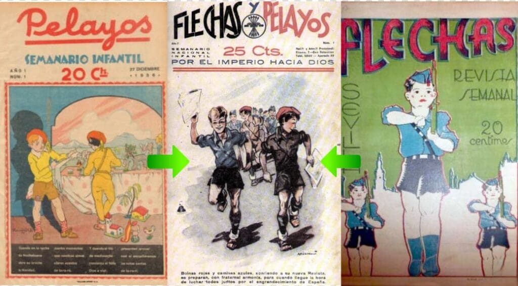 Tres portadas que muestran la fusión de Pelayos y Flechas en el número 1 de Flechas y Pelayos en 1938.