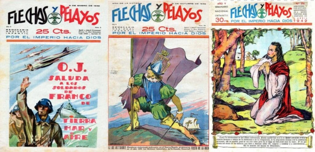 Tres portadas de Flechas y Pelayos con soldados, aviones de guerra, un conquistador español y a Jesucristo orando en el huerto.