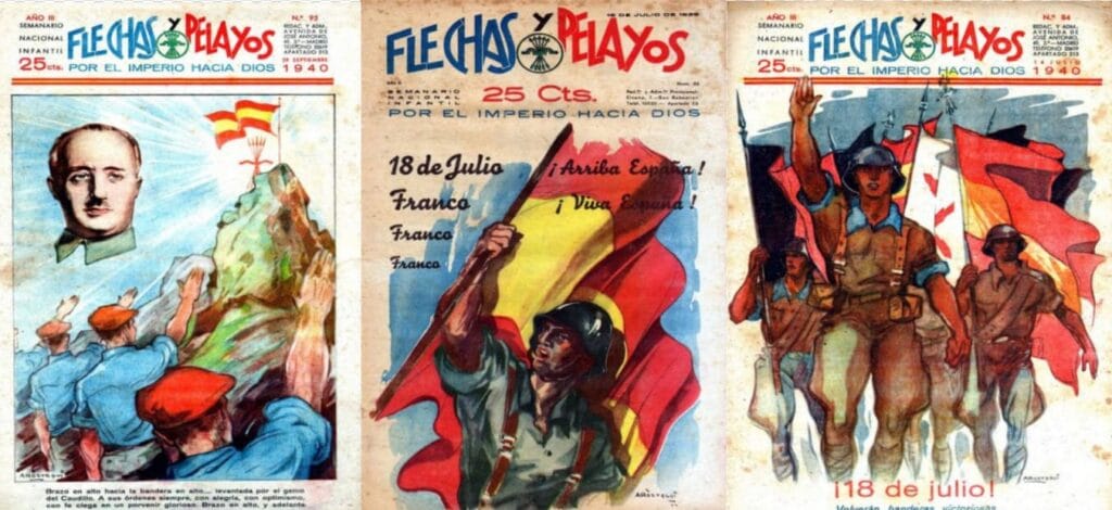 Portadas de Flechas y Pelayos con la efigie de Francisco Franco, soldados saludando a la bandera y desfiles del 18 de julio.
