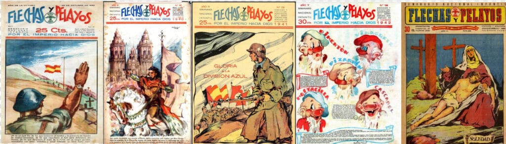Cinco portadas de Flechas y Pelayos con temas como el apóstol Santiago, la División Azul en Rusia, gnomos infantiles y la Piedad.