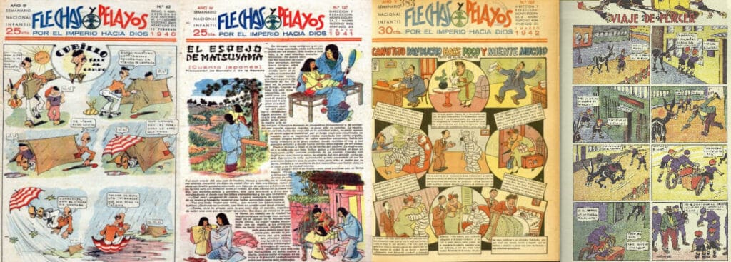 Páginas interiores de Flechas y Pelayos con tiras cómicas de Cubillo, adaptaciones de cuentos japoneses y viñetas satíricas.
