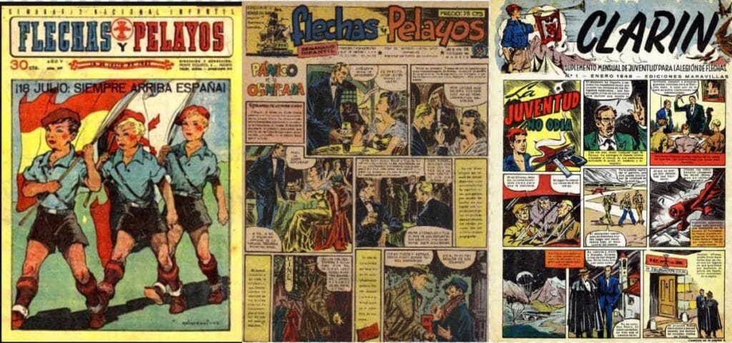 Portadas de Flechas y Pelayos y de la revista Clarín con niños falangistas ondeando banderas y viñetas de aventuras de 1949.