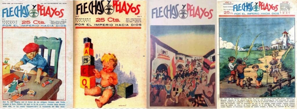 Portadas de Flechas y Pelayos que muestran a niños jugando con belenes, cubos de letras que forman la palabra Franco y procesiones.