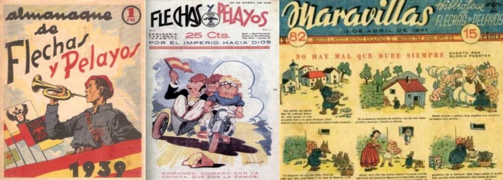 Portada del Almanaque de 1939 de Flechas y Pelayos junto a una portada de la revista Maravillas con un cuento de Gloria Fuertes.