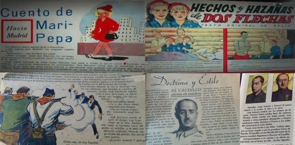 Muestrario de páginas del semanario Flechas y Pelayos con cuentos infantiles, la sección Doctrina y Estilo, e ilustraciones de Franco y José Antonio.