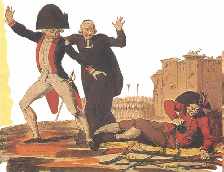 Representación del Tercer Estado rompiendo cadenas mientras la nobleza y el clero retroceden con espanto ante la toma de la Bastilla.
