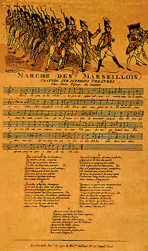 Grabado de soldados revolucionarios marchando con la partitura impresa de la Marche des Marseillois en Londres en 1792.
