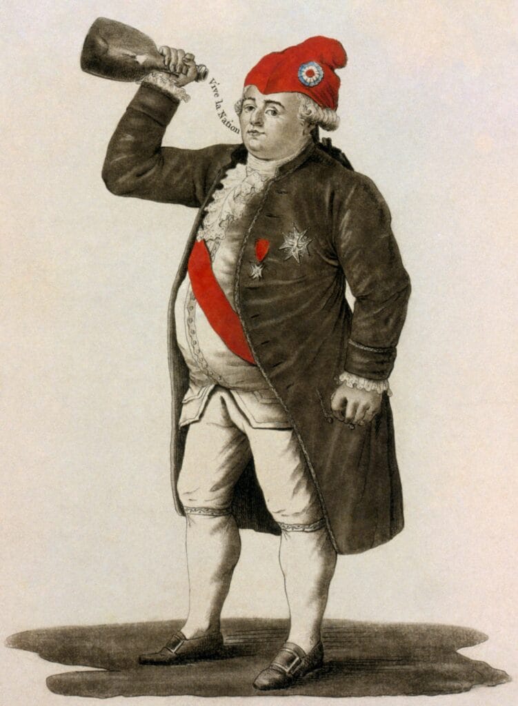 Retrato satírico de Luis XVI bebiendo de una botella y usando el gorro frigio revolucionario, simbolizando la pérdida de su autoridad.