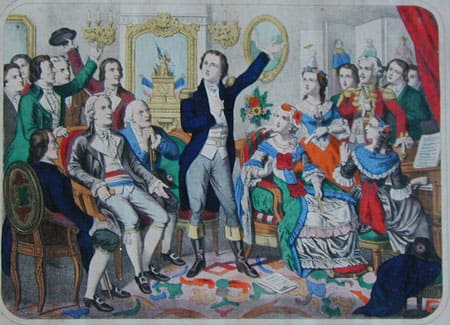 Grabado coloreado del siglo XIX que muestra a Rouget de Lisle cantando el himno en el salón del alcalde ante una audiencia.
